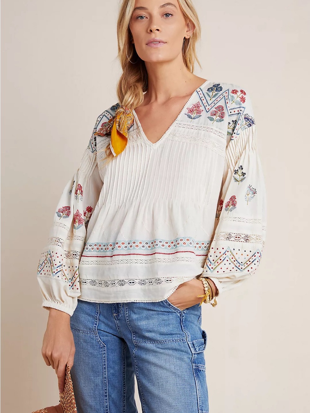 Women's Embroidered White Peasant Blouse - Picture 2 of 12